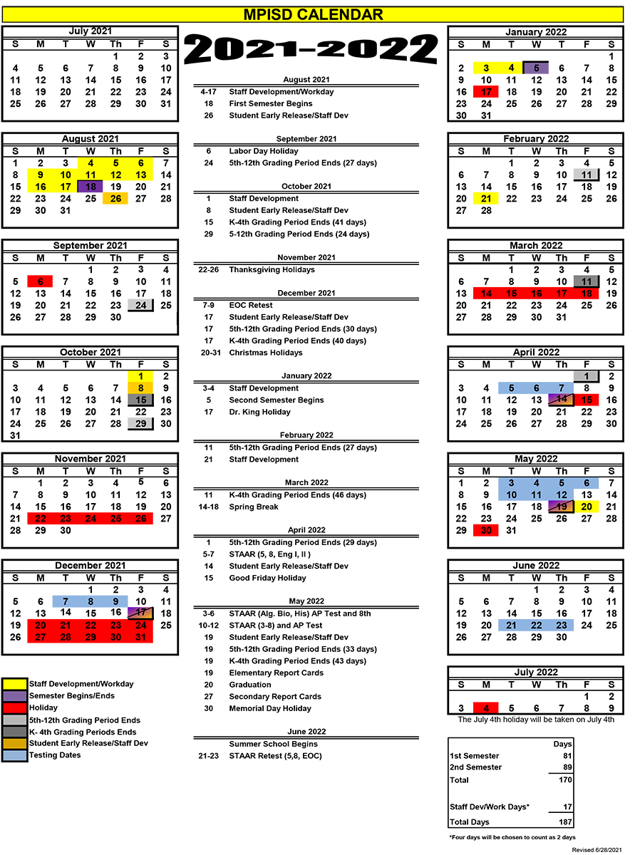 2021 2022 Calendar Revised 06 28 21 Xlsx Mount Pleasant Junior High School