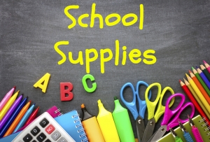 School supplies on blackboard background ready for your design