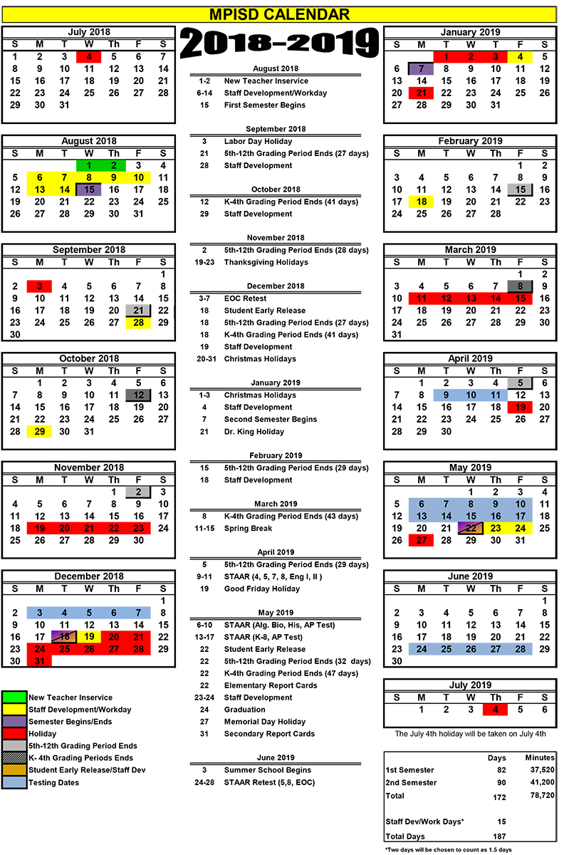 2018 2019 School Calendar Mount Pleasant Isd